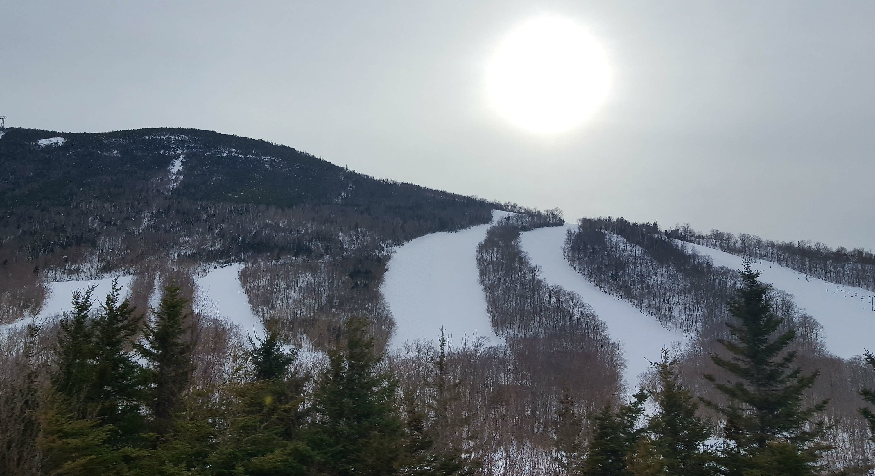 Cannon Mountain ski slopes from road.